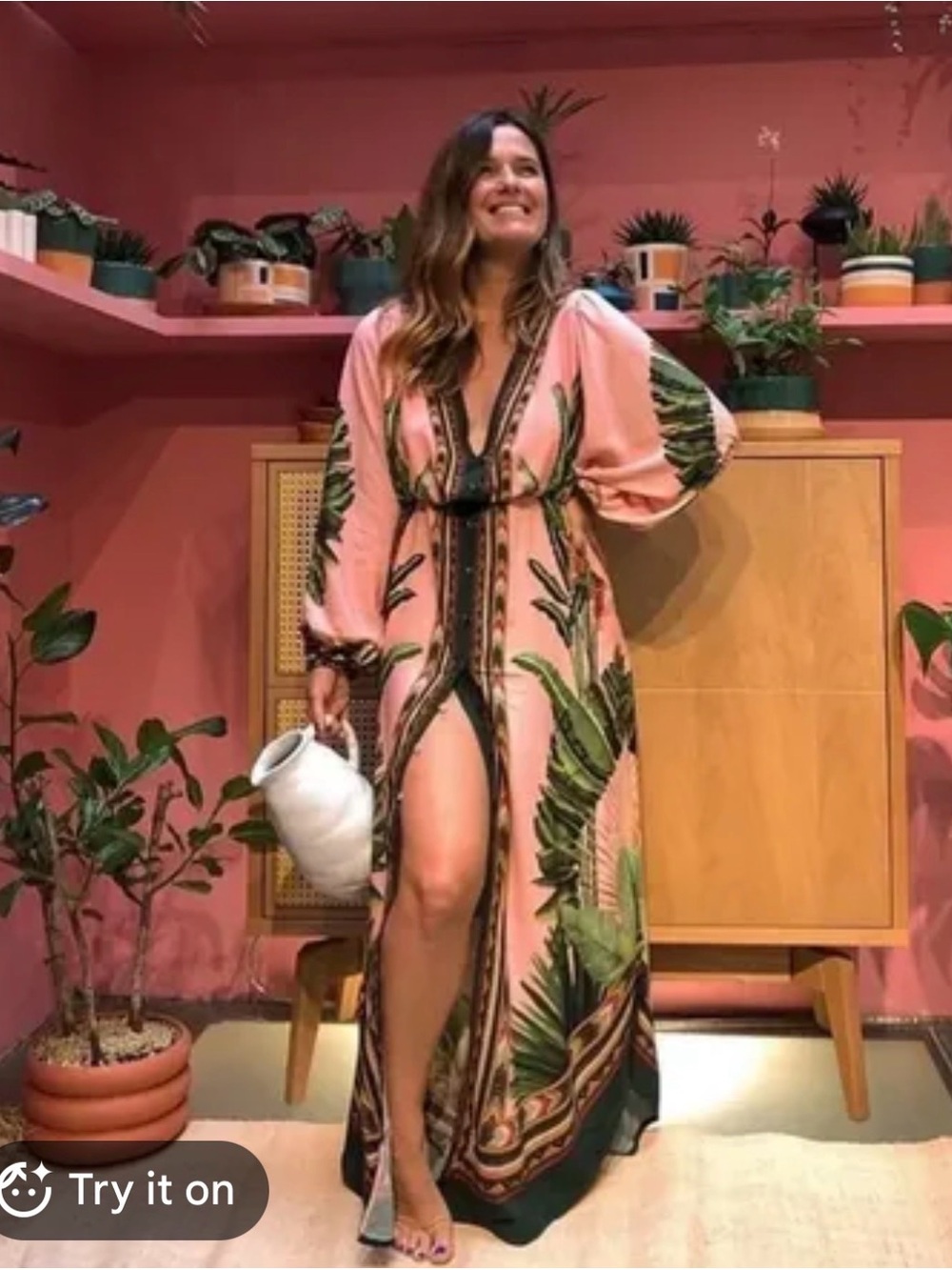 FARM Rio Pink Maxi Dress with Green Leaf Accents